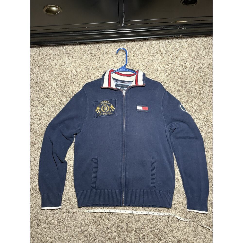 Tommy Hilfiger Full Zip Varsity Jacket Sweater Logo Back White Blue Sz M